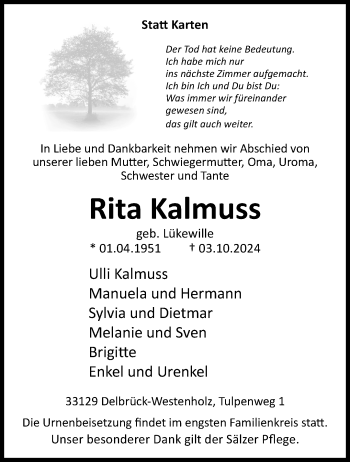 Traueranzeige von Rita Kalmuss von Westfalen Blatt