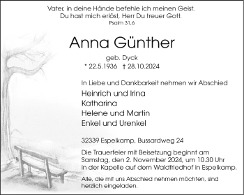 Traueranzeige von Anna Günther von Westfalen Blatt