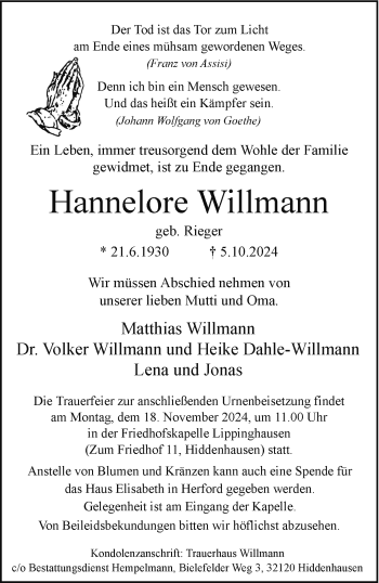 Traueranzeige von Hannelore Willmann von Westfalen Blatt