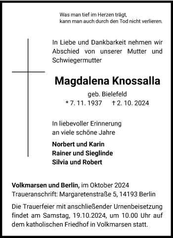 Traueranzeige von Magdalena Knossalla von Westfalen Blatt