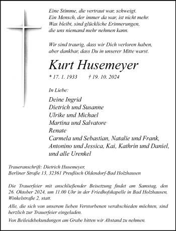 Traueranzeige von Kurt Husemeyer von Westfalen Blatt