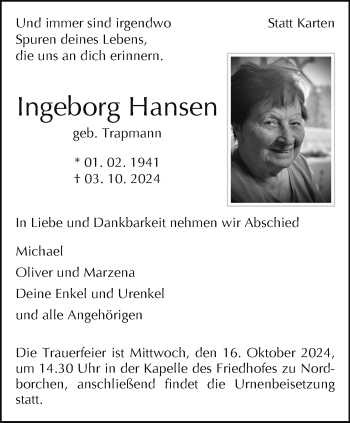 Traueranzeige von Ingeborg Hansen von Westfalen Blatt