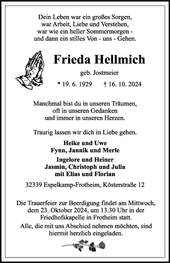 Traueranzeige von Frieda Hellmich von Westfalen Blatt