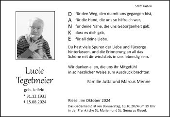 Traueranzeige von Lucie Tegetmeier von Westfalen Blatt