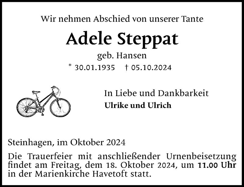  Traueranzeige für Adele Steppat vom 12.10.2024 aus Westfalen Blatt