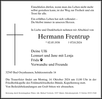 Traueranzeige von Hermann Frentrup von Westfalen Blatt