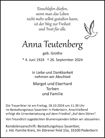 Traueranzeige von Anna Teutenberg von Westfalen Blatt