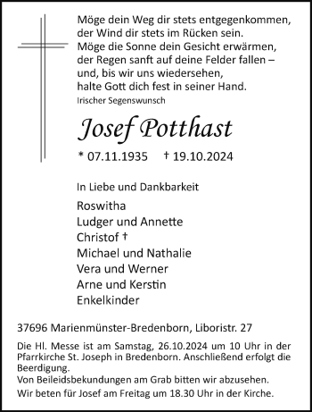 Traueranzeige von Josef Potthast von Westfalen Blatt