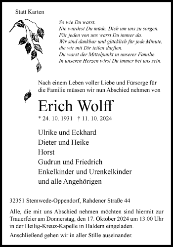 Traueranzeige von Erich Wolff von Westfalen Blatt