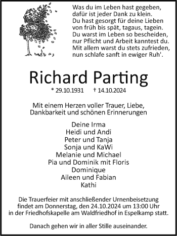 Traueranzeige von Richard Parting von Westfalen Blatt