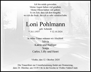 Traueranzeige von Loni Pohlmann von Westfalen Blatt