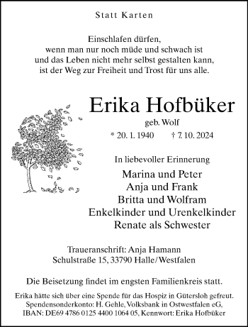 Traueranzeige von Erika Hofbüker von Westfalen Blatt