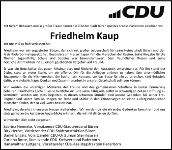 Traueranzeige von Friedhelm Kaup von Westfalen Blatt