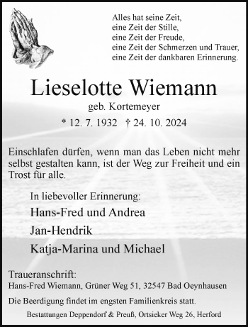 Traueranzeige von Lieselotte Wiemann von Westfalen Blatt