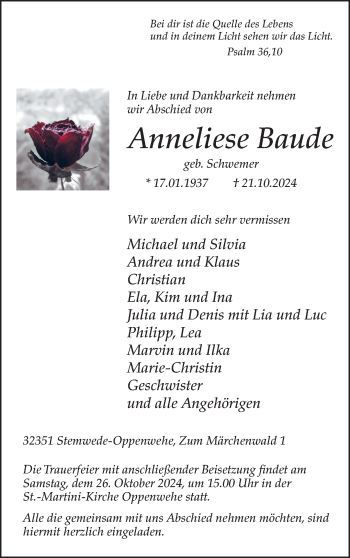 Traueranzeige von Anneliese Baude von Westfalen Blatt