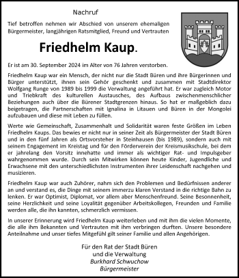 Traueranzeige von Friedhelm Kaup von Westfalen Blatt