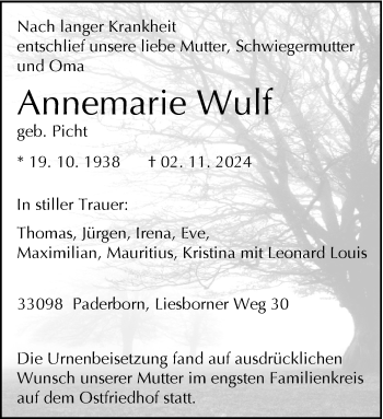 Traueranzeige von Annemarie Wulf von Westfalen Blatt