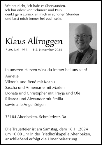 Traueranzeige von Klaus Allroggen von Westfalen Blatt