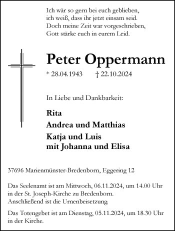 Traueranzeige von Peter Oppermann von Westfalen Blatt