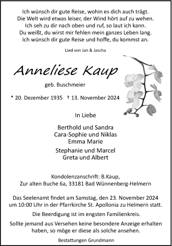 Traueranzeige von Anneliese Kaup von Westfalen Blatt