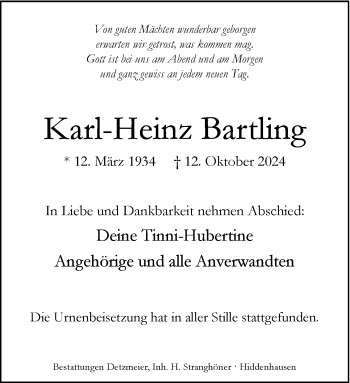 Traueranzeige von Karl-Heinz Bartling von Westfalen Blatt