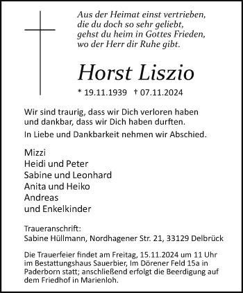 Traueranzeige von Horst Liszio von Westfalen Blatt