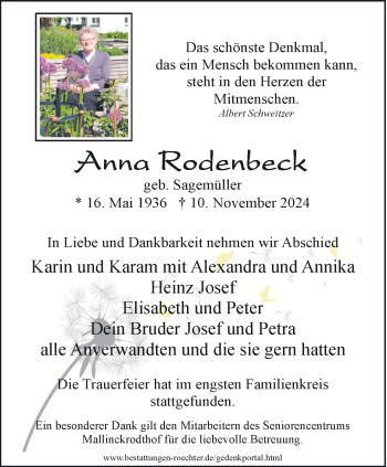 Traueranzeige von Anna Rodenbeck von Westfalen Blatt