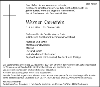 Traueranzeige von Werner Karbstein von Westfalen Blatt