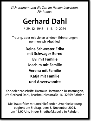 Traueranzeige von Gerhard Dahl von Westfalen Blatt