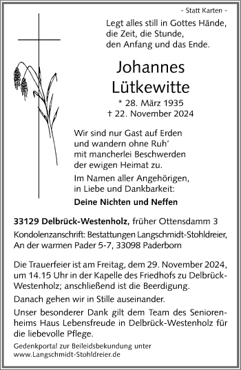 Traueranzeige von Johannes Lütkewitte von Westfalen Blatt