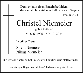 Traueranzeige von Christel Niemeier von Westfalen Blatt