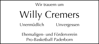 Traueranzeige von Willy Cremers von Westfalen Blatt