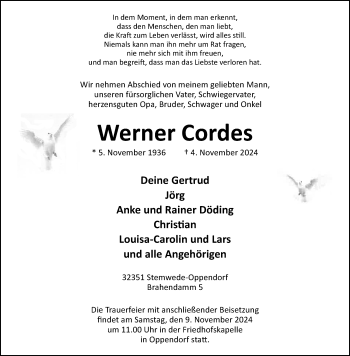 Traueranzeige von Werner Cordes von Westfalen Blatt