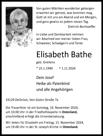 Traueranzeige von Elisabeth Bathe von Westfalen Blatt