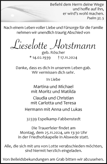 Traueranzeige von Lieselotte Horstmann von Westfalen Blatt