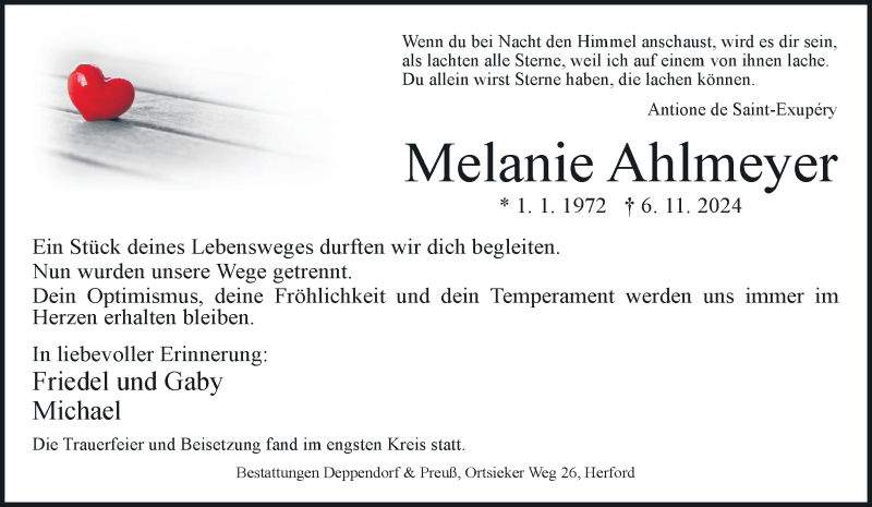  Traueranzeige für Melanie Ahlmeyer vom 16.11.2024 aus Westfalen Blatt