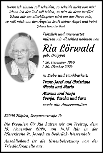 Traueranzeige von Ria Lörwald von Westfalen Blatt