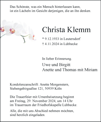 Traueranzeige von Christa Klemm von Westfalen Blatt