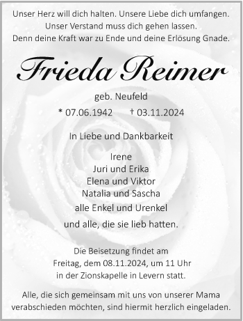 Traueranzeige von Frieda Reimer von Westfalen Blatt