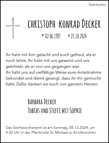 Traueranzeige von Christoph Konrad Decker von Westfalen Blatt