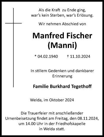 Traueranzeige von Manfred Manni Fischer von Westfalen Blatt