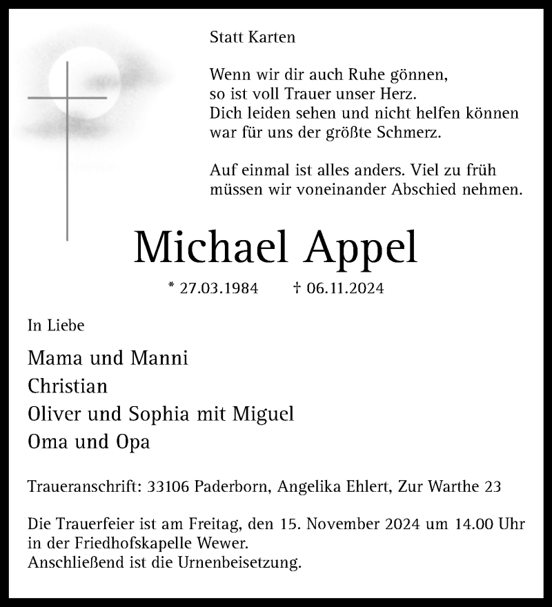  Traueranzeige für Michael Appel vom 09.11.2024 aus Westfalen Blatt