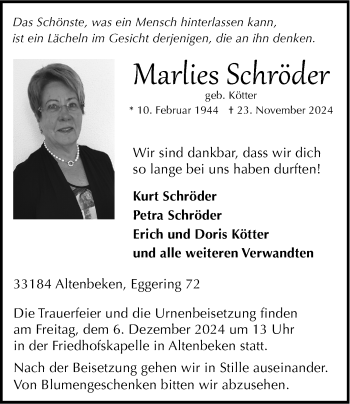 Traueranzeige von Marlies Schröder von Westfalen Blatt