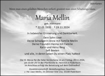 Traueranzeige von Maria Mellin von Westfalen Blatt