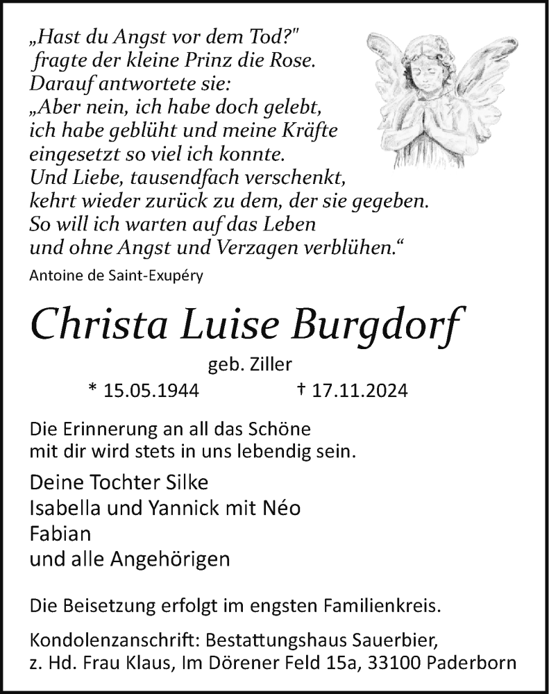  Traueranzeige für Christa Luise Burgdorf vom 23.11.2024 aus Westfalen Blatt