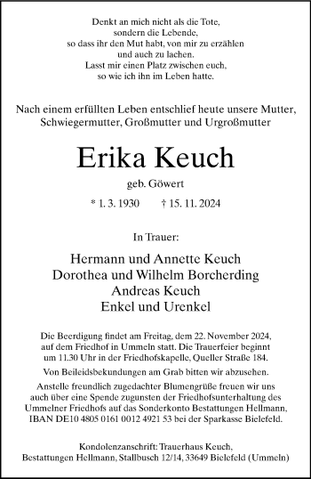 Traueranzeige von Erika Keuch von Westfalen Blatt