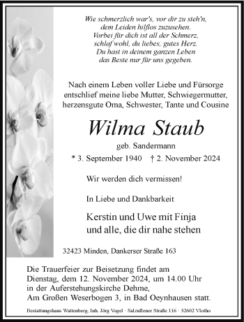 Traueranzeige von Wilma Staub von Westfalen Blatt