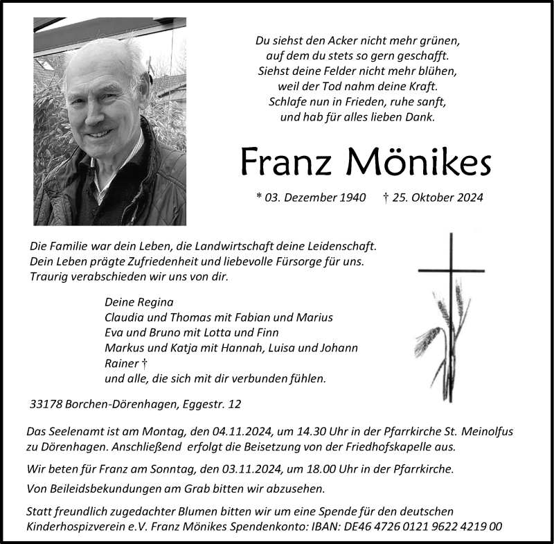  Traueranzeige für Franz Mönikes vom 01.11.2024 aus Westfalen Blatt