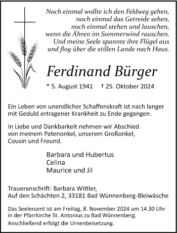 Traueranzeige von Ferdinand Bürger von Westfalen Blatt