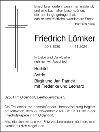 Traueranzeige von Friedrich Lömker von Westfalen Blatt